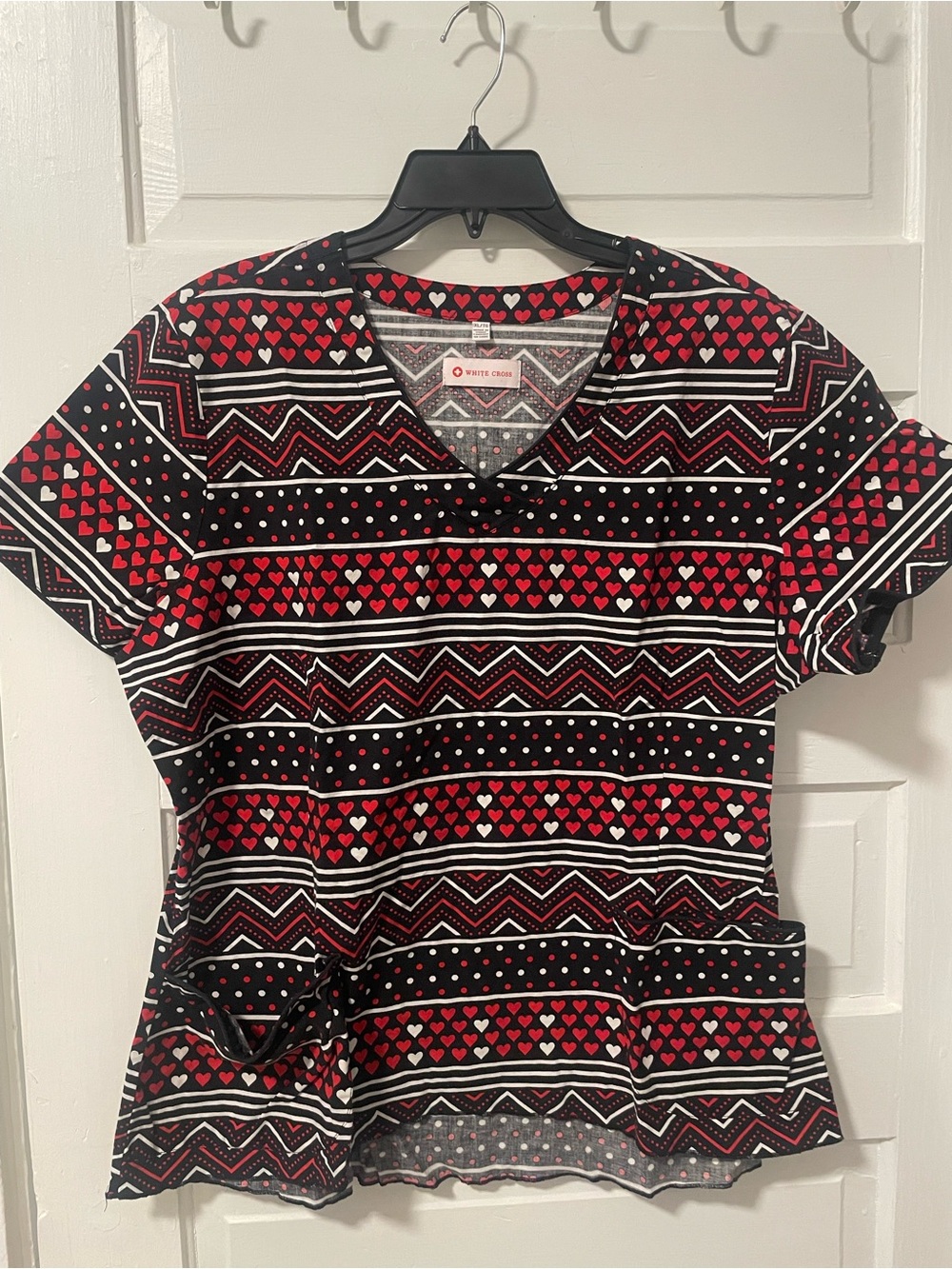White Cross Black and Red Heart-Print Short Sleeve V-Neck Scrub Top
